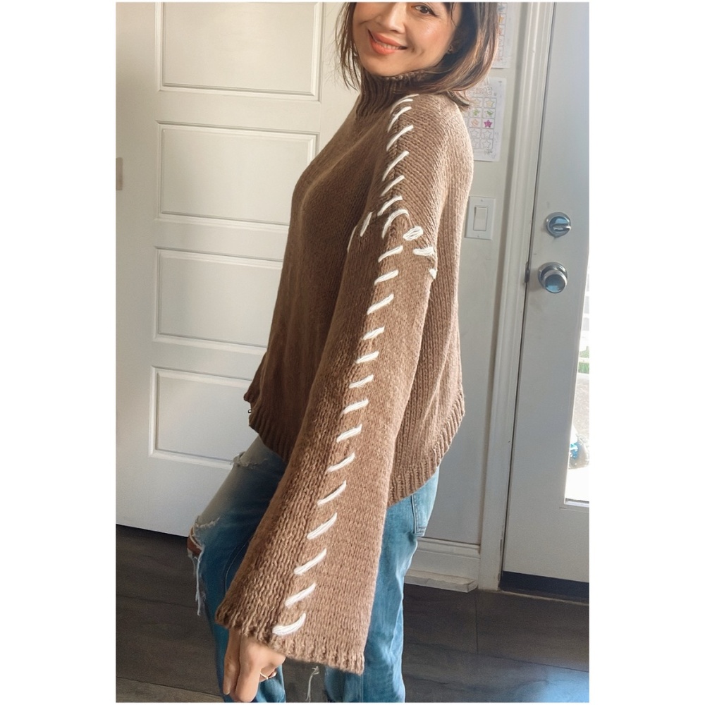 Cozy Mocha Brown Stitched Detail Turtleneck Sweater Top - Picture 12 of 13